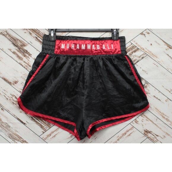 Muhammad Ali Boxing Shorts Womens Medium Black Satin Red Trim Muay Thai Sport - Picture 1 of 12